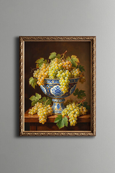 epiqart Grapes in a Blue Chinoiserie Bowl - Vintage Patterned Painting - Fine...