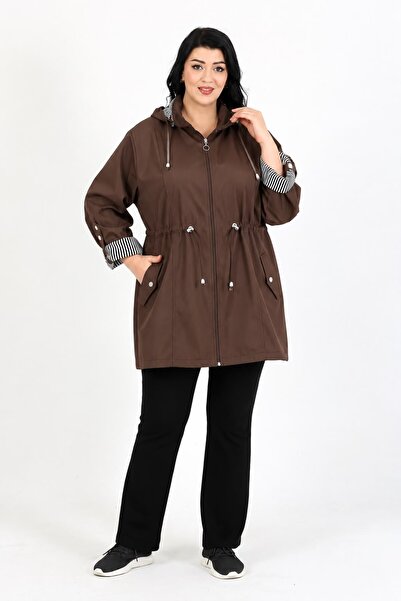 By Alba Collection Women's Brown Striped Lined Plus Size Trench Coat