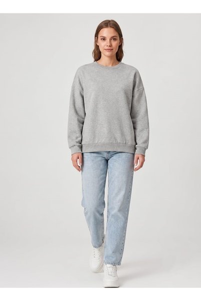 Gelsomino Women's Gray Crew Neck Oversize Sweatshirt Low Shoulder Relaxed Fit Basic