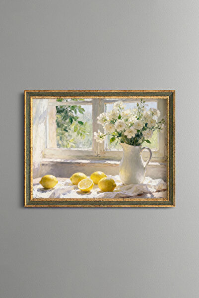 epiqart Lemons and White Flowers in Front of the Window - Vintage Patterned P...