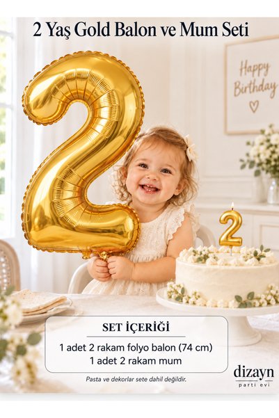 Dizayn Parti Evi 1-20 Years Old Gold Number Foil Balloon and Candle Set 74 cm...