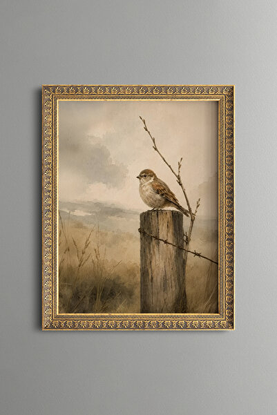epiqart Sparrow on the Fence - Vintage Patterned Painting - Fine Model