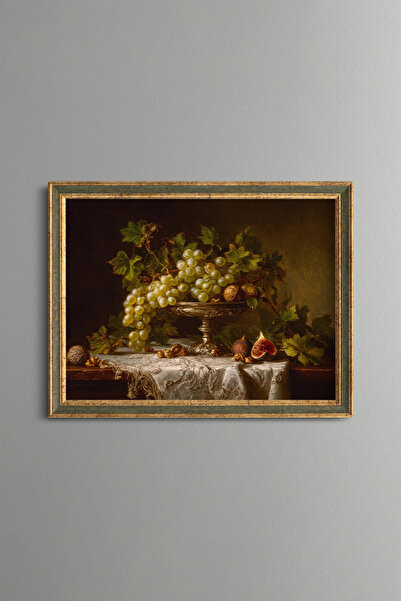 epiqart Grapes and Figues in a Silver Bowl - Vintage Patterned Painting - Fin...