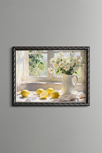 epiqart Lemons and White Flowers in Front of the Window - Vintage Patterned P...