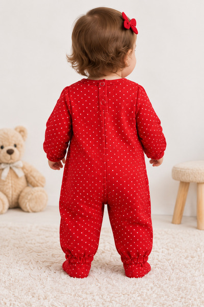 DUBAİ ÇOCUK Baby Girl Cherry Red Polka Dot Jumpsuit with Hat 2 Piece Set 0-9 Months