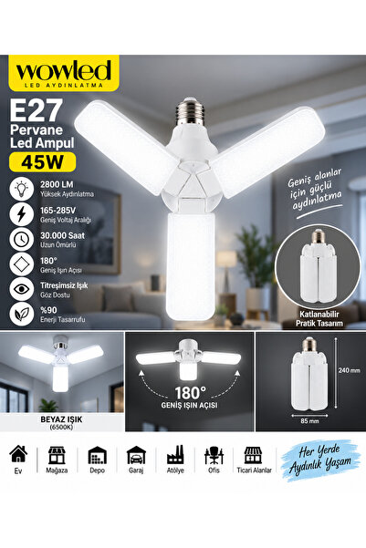 SimaAvize 45W E27 Pervane LED Ampul 2800 Lümen 6500K Beyaz Işık Katlanabilir ...