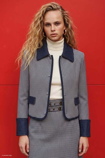 Sateen Kazayağı Desenli Denim Detaylı Ceket - Mavi