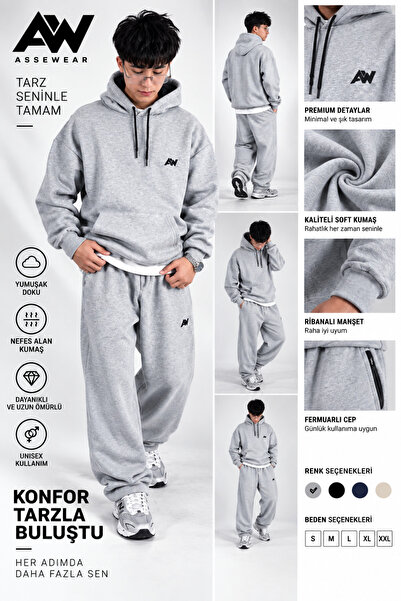 ASSE Wear ASSEWEAR, Erkek Extra Baggy, Eşofman Altı, Bol Paça, 3 İplik şardon...
