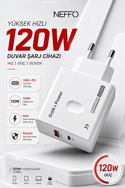 NEFFO 120W GaN Hızlı Şarj Adaptörü – 3 Portlu USB-C & USB-A Çoklu Şarj Cihazı