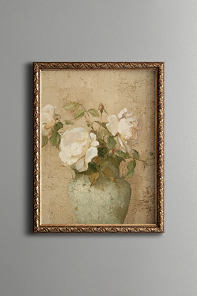 epiqart White Roses in Mint Green Vase - Vintage Patterned Painting - Fine Model