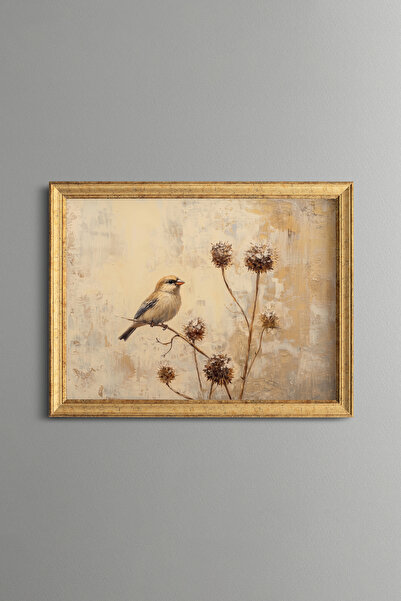 epiqart Little Bird on a Dry Flower Branch - Vintage Patterned Painting - Fin...