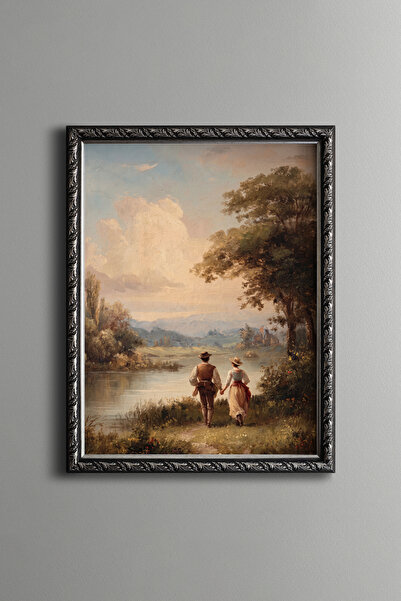 epiqart Couple Walking Hand in Hand by the Lake - Vintage Patterned Painting ...