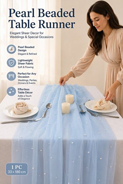 Generic Blue Pearl Tulle Table Runner 80x300cm Soft Sheer Reusable Wedding Br...