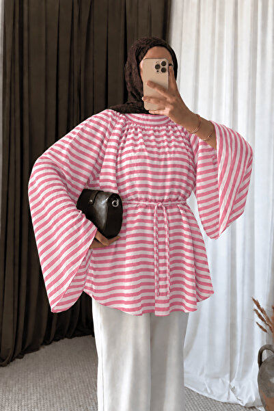 Hepsi Moda İspanyol Kol Kalın Çizgili Oversize Tunik - Pembe