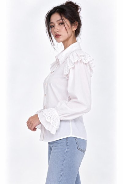 Saade White Scallop Collar and Sleeve Detailed Balloon Sleeve Women's Shirt