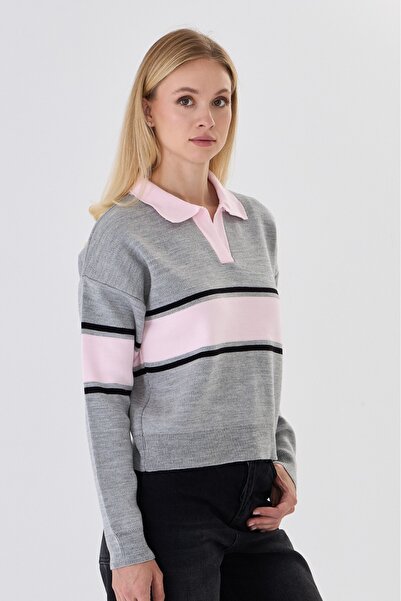 herkesemoda Kadın Polo Yaka Çizgili Triko Kazak