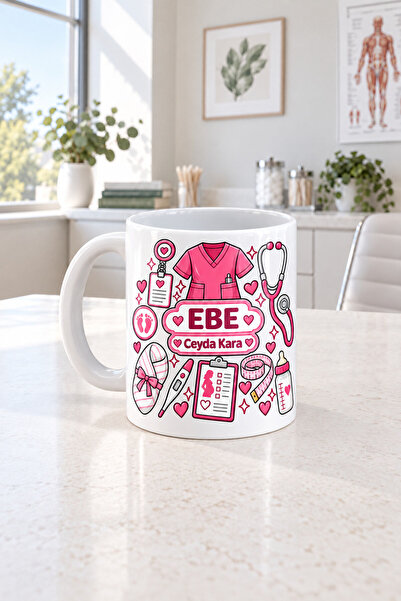 Mor Mürekkep Kişiye Özel Ebe Meslek Pembe Yazılı Baskılı Beyaz Kupa - Ebeye H...