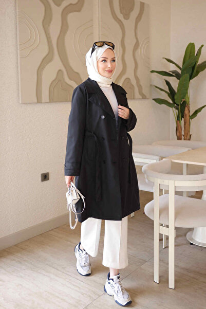 İmajButik Siyah Kruvaze Yaka Astarlı Bel Bağlamalı Trençkot