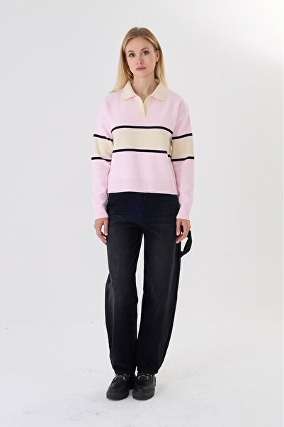herkesemoda Women's Striped Polo Collar Knit Sweater