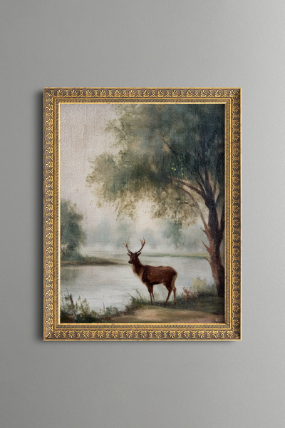epiqart Deer on the Edge of the Forest Lake - Vintage Patterned Painting - Fi...
