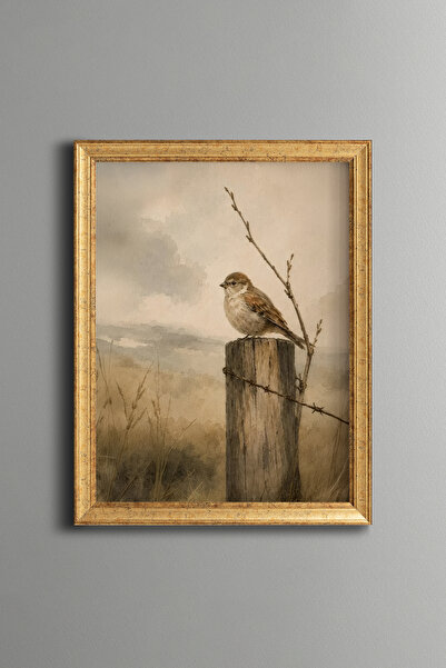 epiqart Sparrow on the Fence - Vintage Patterned Painting - Fine Model