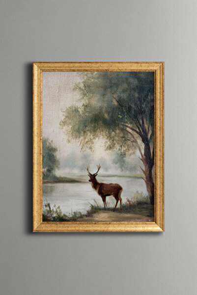 epiqart Deer on the Edge of the Forest Lake - Vintage Patterned Painting - Fi...