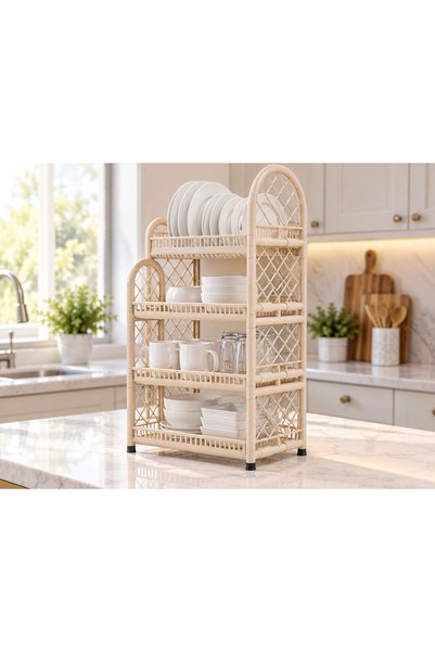 Dove Shelf Dish Storage Rack with Tray, Plastic Kitchen Dish Organizer, ,Beige