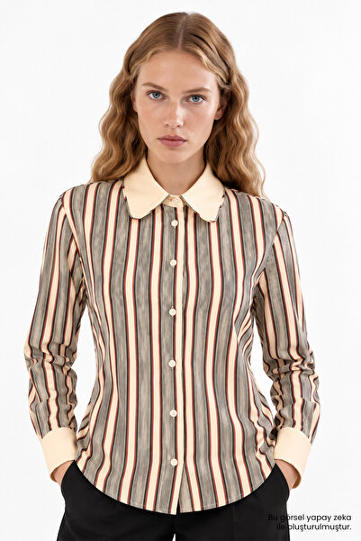 Exquise Kontrast Uzun Kollu Slim Fit Düğmeli Gömlek