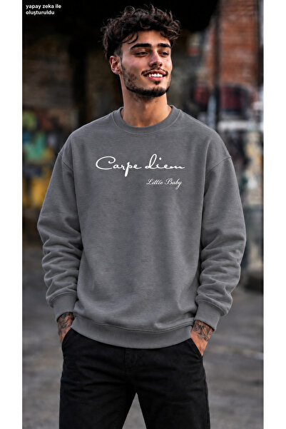 caddekombin Men's Carpe Diem Written Minimal Typographic Graphic Printed Crew...