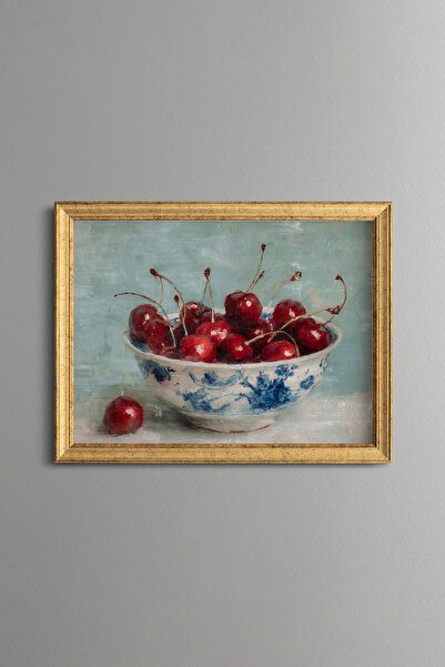 epiqart Cherries in Blue Porcelain Bowl - Vintage Patterned Painting - Fine M...