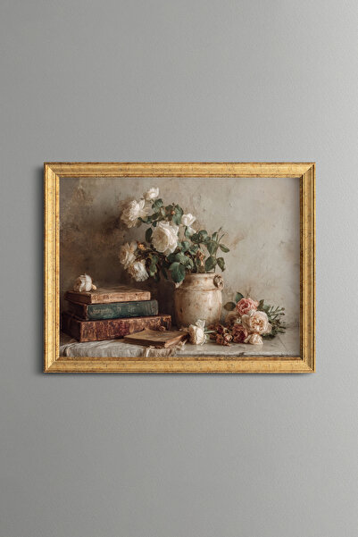 epiqart Books and Roses - Vintage Patterned Painting - Fine Model