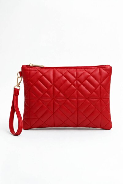 Bagfoni Grafina Kırmızı Geometrik Desenli Portföy Clutch El Çantası 25x19 Cm