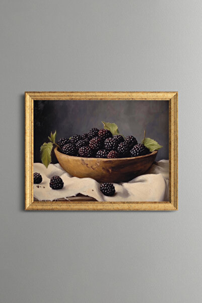 epiqart Blackberries in a Wooden Bowl - Vintage Patterned Painting - Fine Model