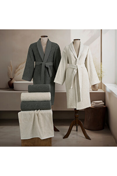 ALTINBAŞAK TEKSTİL Foresto 100% cotton family bathrobe set ecru/anthracite m-...