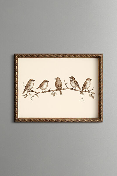 epiqart Five Sparrows on a Branch - Vintage Patterned Painting - Fine Model