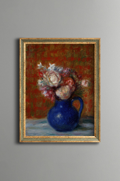 epiqart Flower Bouquet in Blue Ceramic Vase - Vintage Patterned Tabletop - Fi...