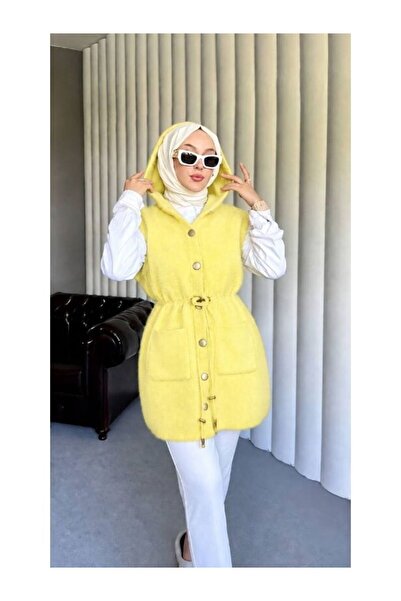 PİNK FLY Angora Hooded Women's Vest with Pockets