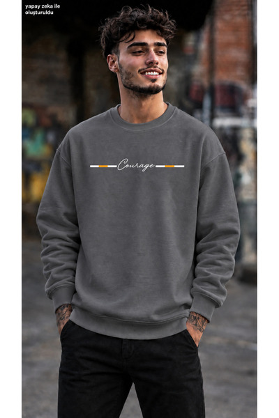 caddekombin Men's Courage Stripe Detailed Printed Crew Neck Casual Regular Fi...
