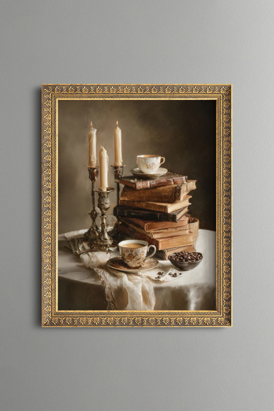 epiqart Book and Coffee by Candlelight - Vintage Patterned Painting - Fine Model