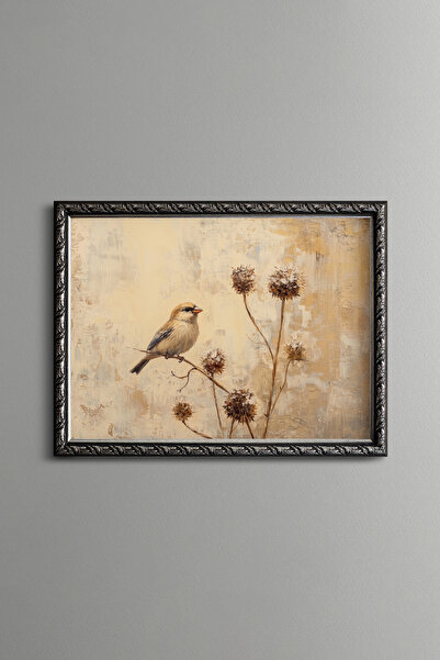 epiqart Little Bird on a Dry Flower Branch - Vintage Patterned Painting - Fin...