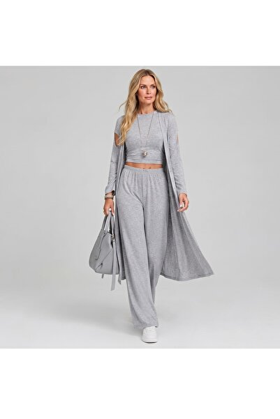 Gelsomino Kadın Gri Omuz Pencereli Üçlü Takım Uzun Hırkalı Crop Top Geniş Paç...