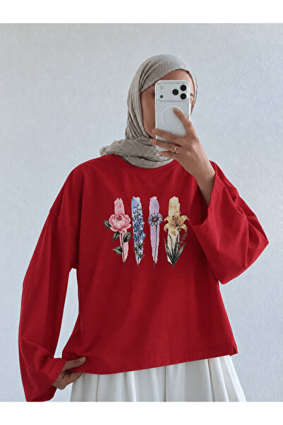 Hepsi Moda Çiçek Temalı Geniş Kol Sweat - Koyu Kiremit