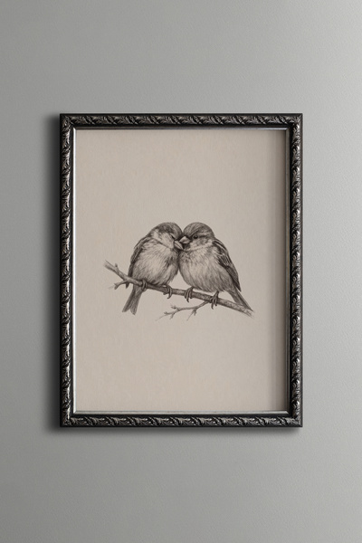 epiqart Two Birds Perching on a Branch - Vintage Patterned Painting - Fine Model
