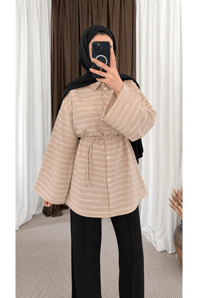 Hepsi Moda Biye Kemerli Çizgili Tunik - Vizon