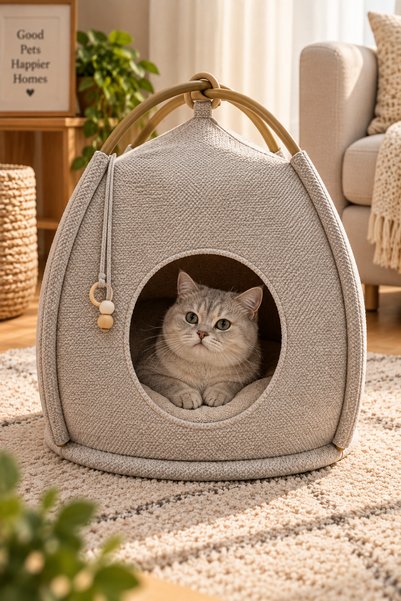 ribac Ahşap Kulplu Taşınabilir Kedi Mağara Yatağı - Oyuncaklı Kedi Evi