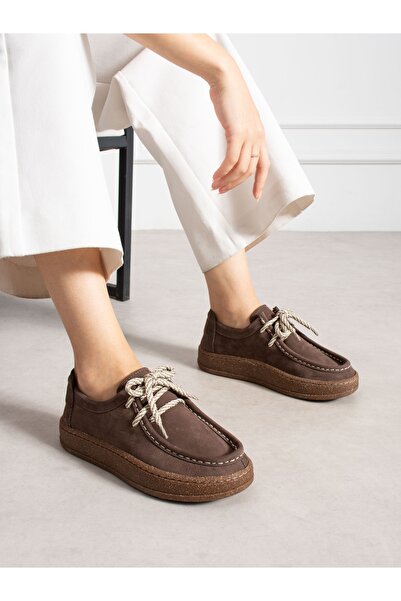 ALEMDAR AYAKKABI Aveli̇ne Brown Genuine Leather Lace-Up Women's Shoes