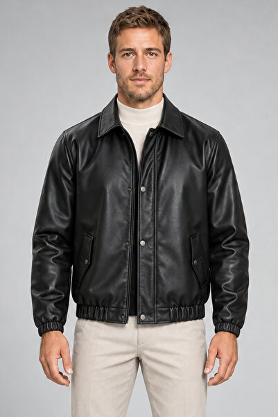 Montland Men's Black Zippered Leather Jacket with Snap Fasteners and Elastic ...