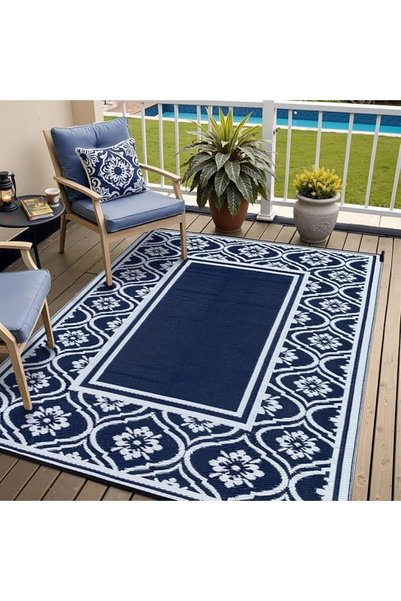 GENERAL سجادة فناء خارجية مقاس 5'×8' مقاومة للماء، سجاد أزرق قابل للعكس من ال...