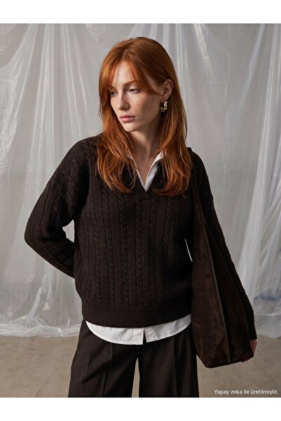Dilvin 10885 Wool Blend Polo Collar Sweater-Dark Brown