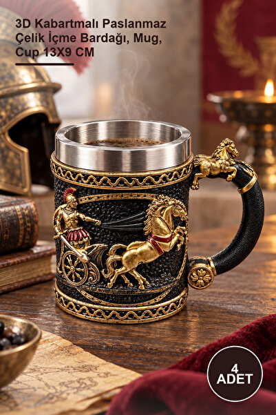 Yenilig 4 Pieces of Gladiator Design Mug – 3D Embossed Stainless Steel Drinki...
